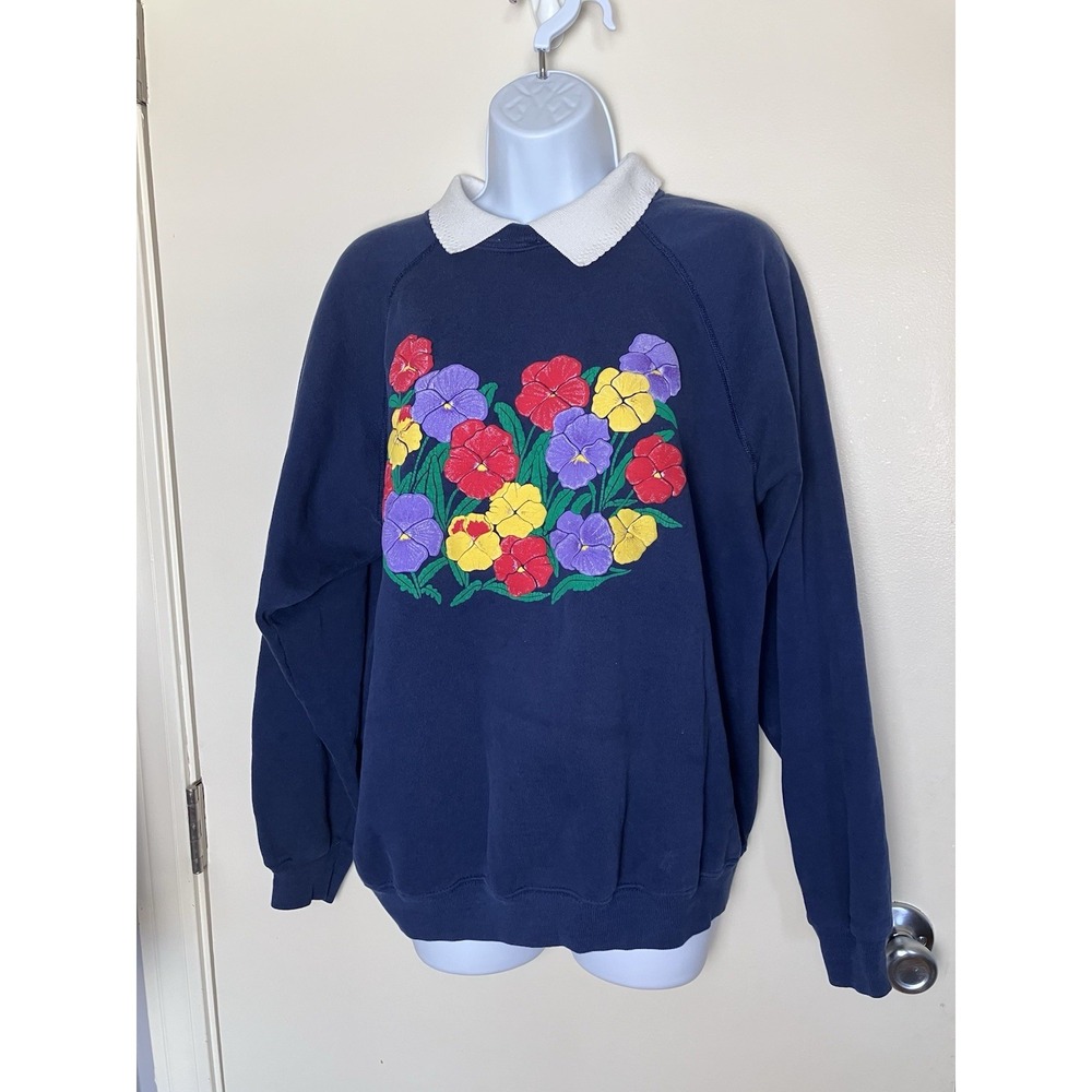 Vintage Blue Floral‎ Barclay Square Hanes Sweatshirt With Collar Twee Size XL